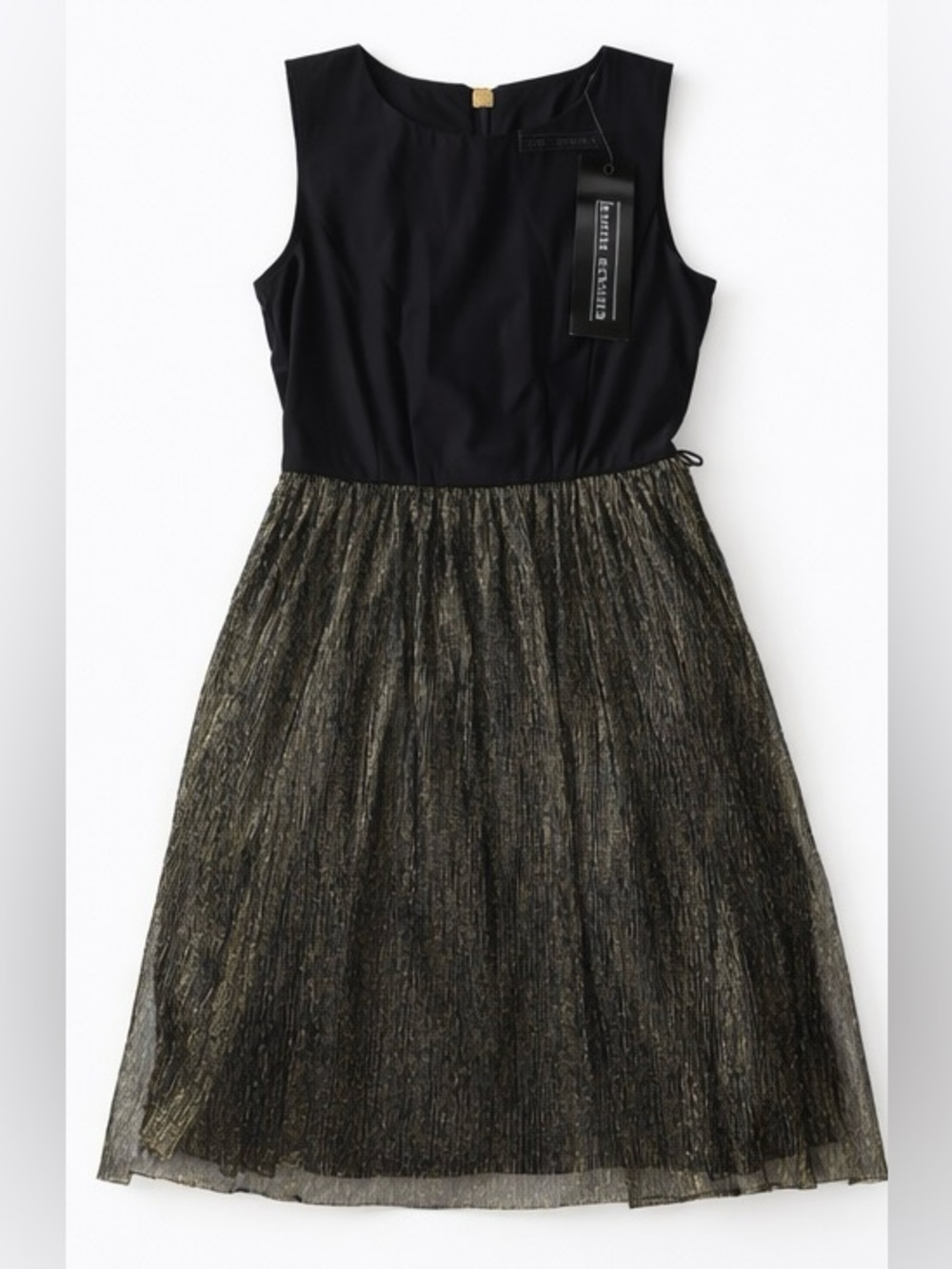 NWT Karin Stevens Black Gold Pleated Dress Sleeveless Party Cocktail Size M
